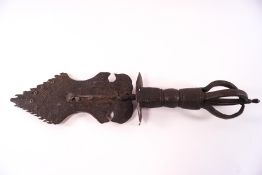 A Tibetan Manjushri iron sword with incised decoration and pierced holes to the end of blade,
