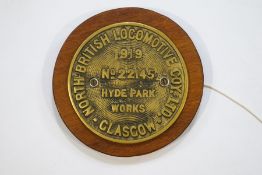 A replica North British Locomotive COY Ltd Hyde Park Works brass plaque,