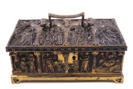 A Victorian polished bronze casket, the lid and sides depicting Medieval figures in high relief,