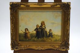 G Williams (20th century), Children in a field, oil on board, signed lower right,