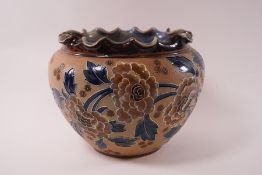 A Doulton Slaters earthenware planter, crimped edge and decorated with large flower blooms,
