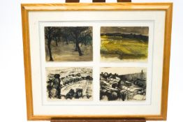 Peter Wright, Four landscape sketches in one frame, watercolour and pen and ink, each 18cm x 23.