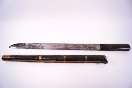 A Chinese long knife with horn and brass studded handle, 53cm long,