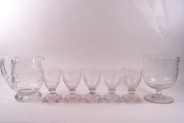 A set of five drinking glasses engraved with hunting scenes of riders and hounds,