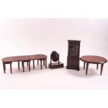 Four pieces of handmade wooden doll's house furniture: a corner display cabinet with astragal