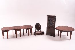 Four pieces of handmade wooden doll's house furniture: a corner display cabinet with astragal