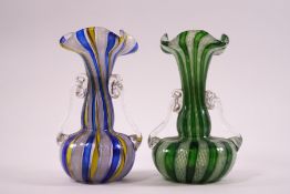 Two Venetian glass two handled vases, one with gold, blue and yellow linear pattern and latticework,