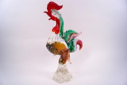 A Murano glass cockerel, green, red and white with a 'speckled' yellow breast,
