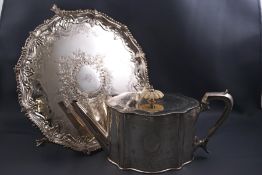 A silver plated salver with beaded and leaf border,