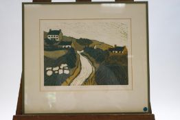 Berwyn Jones (b.1942), Houses within a landscape, limited edition woodcut