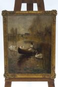 Albert E Bailey (exh.1890-1904), a lady in a rowing boat surrounded by three swans