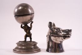 A plated inkwell of a dogs head with ceramic liner, 8.