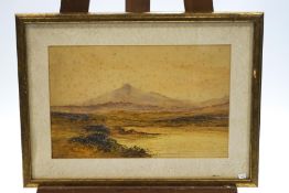 J M Barker, Moorland landscape with mountains beyond, watercolour, signed lower left, 28.