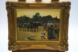 G Williams (20th century), Heavy horses and country folk, oil on board, signed lower left,