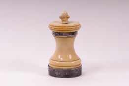 An early 20th century turned ivory and silver mounted pepper grinder, by John Grinsell & Sons,