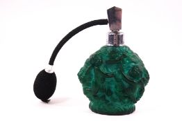 A Czech malachite glass atomiser, each side decorated with cavorting cherubs in relief,