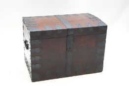 A 19th century oak and metal bound silver chest with side handles,