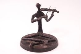 A contemporary bronze figure of a seated musician playing a violin,