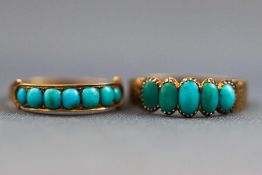 A selection of two half hoop rings each set with cabochon turquoise. Tests indicate 15ct gold.