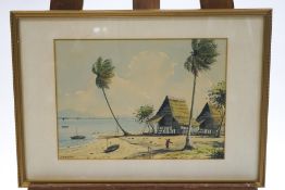 Abu Baker Ibrahim (1925 -1977), Huts on the beach with palm trees, watercolour, signed lower left,