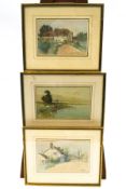 Lilian MacDonald, Figures with a cottage, watercolours, a pair, signed and dated 23 lower right, 21.
