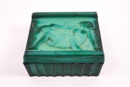 A Czech malachite glass box and cover, the lid depicting an underwater semi nude female, 9.