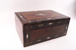 A Victorian mahogany and burr wood workbox, inlaid with bone and abalone shell,