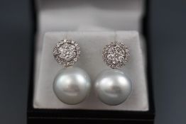 A modern white metal pair of 14.5mm Southsea pearl and diamond drop earrings.