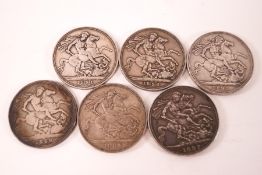 Six Victorian silver crowns - 1889 (x 2), 1891, 1892, 1897,