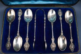 A set of six Victorian silver teaspoons and sugar nips, London 1892,