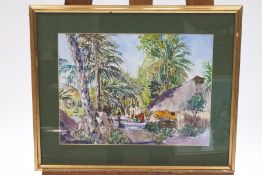 Tilly Willis, Palm trees with figures outside a hut, watercolour, signed and dated '97 lower left,