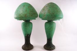 A pair of 1930's mottled green glass table lamps and shades of mushroom shape,