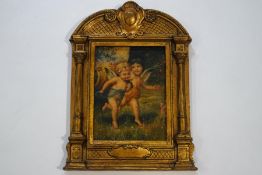 20th century, Two cherubs within a garden, oil on panel, 24cm x 18cm,
