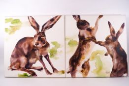 Wendy Darker, March Hares, oil on canvas, a pair, signed and titled verso,