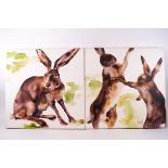 Wendy Darker, March Hares, oil on canvas, a pair, signed and titled verso,