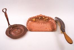 A group of Arts & Crafts copper ware : crumb scoop and brush, oval dish, circular dish,