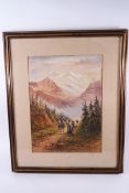 L Lewis (19th century), Figures on a mountain pass, watercolour, signed lower left, 36.5cm x 26.