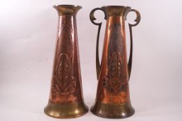 An Arts & Crafts copper and brass two handled vase, stamped Beldray, 31cm high,