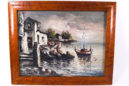 Continental school, 20th century, Moored boat, oil on canvas laid on board,