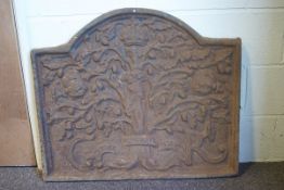 A 18th century style cast iron fire back depicting the Great Oak and the royal cipher 'G R' ,