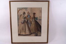 French School, 19th century, Street scene with two Ladies and a Gentleman, pen and watercolour,