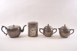 A late 19th/early 20th century Chinese export pewter four-piece tea service by Kuthing, Swatow,