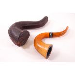 A meerschaum pipe with haled clay bowl, the silver collar, Birmingham 1934, length 15cm,