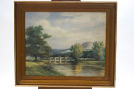 A T Fisher, Bridge over a river with figures on the bank, watercolour, signed lower left, 60cm x 74.