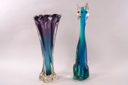 A Murano glass figure of a cat, height 33cm. And a glass flared vase, height 29cm.