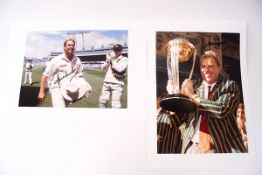 A collection of 24 signed 8 x 11 and smaller cricket photos, including Trueman, Warne, Lara,