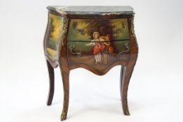 A French style serpentine two drawer commode, painted with a scene of two lovers,