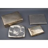 Three various silver cigarette cases and a silver mounted and part engine turned cigarette box,