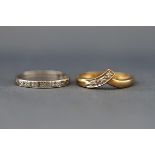 Two rings, comprising; a vintage small diamond three stone band ring, set in white stamped ‘18ct’,