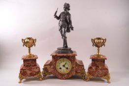 A French rouge marble clock garniture with eight day movement,